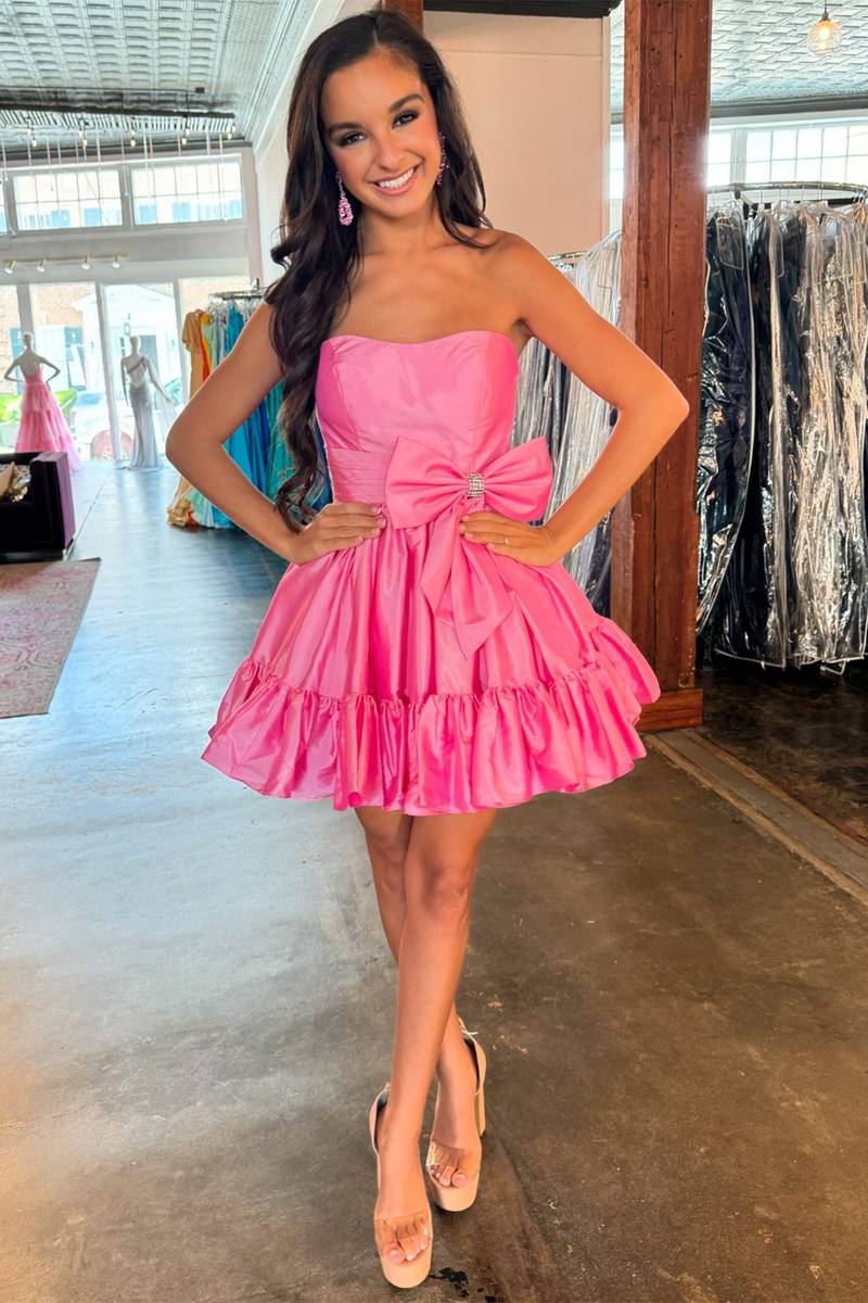 Strapless Pink Tiered A-line Short Party Dress with Bow-27dress