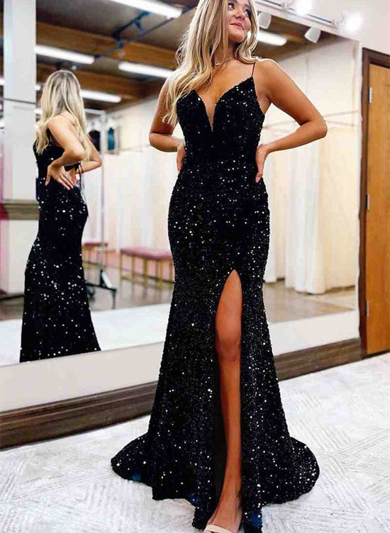Strapless Sequined Prom Dress with Split Front & Sweep Train-27dress