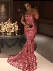 Strapless Sequins Sleeveless Strapless Mermaid Prom Dress With Pleated