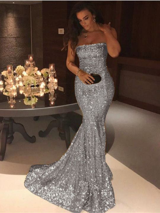 Strapless Sequins Sleeveless Strapless Mermaid Prom Dress With Pleated