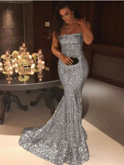 Strapless Sequins Sleeveless Strapless Mermaid Prom Dress With Pleated