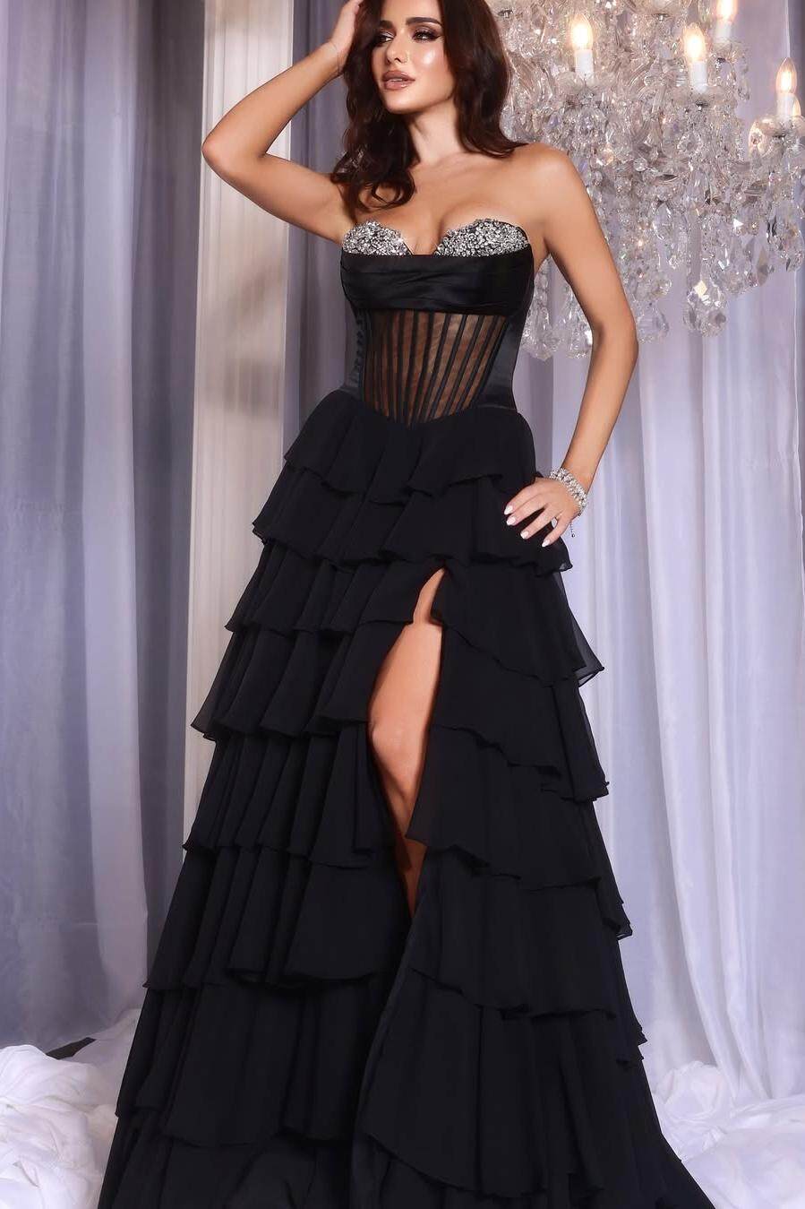 Strapless Sleeveless A Line Split Long Prom Dress With Ruffles