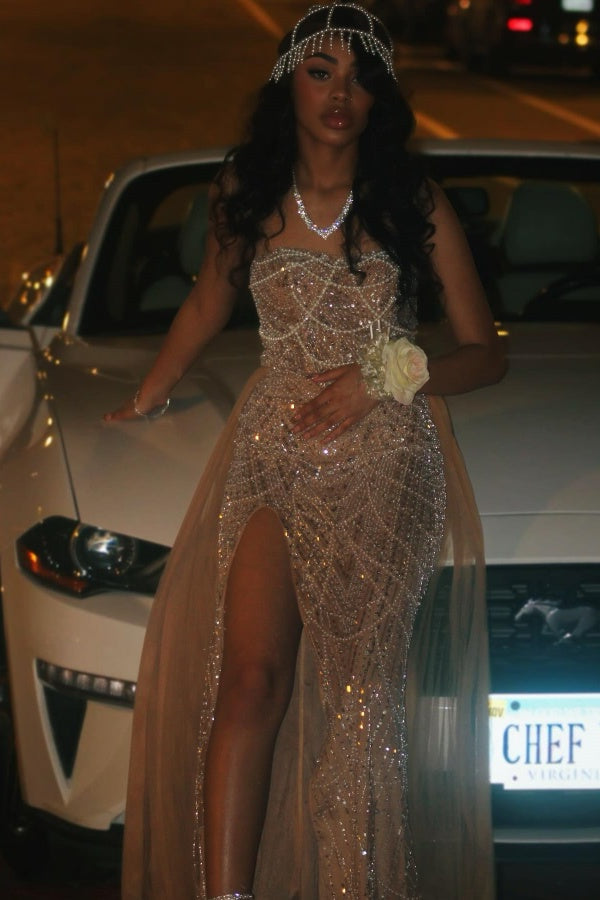 27DRESS Strapless Sleeveless Formal Sequined Evening Dresses with Beading