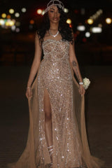 27DRESS Strapless Sleeveless Formal Sequined Evening Dresses with Beading