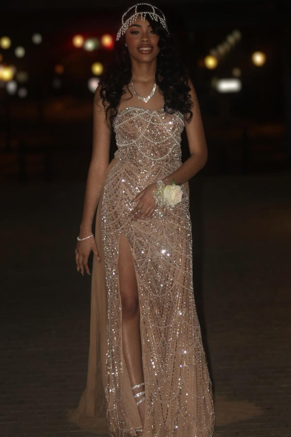 27DRESS Strapless Sleeveless Formal Sequined Evening Dresses with Beading