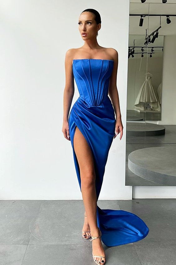 Strapless Sleeveless High Split Long Prom Dress With Pleated
