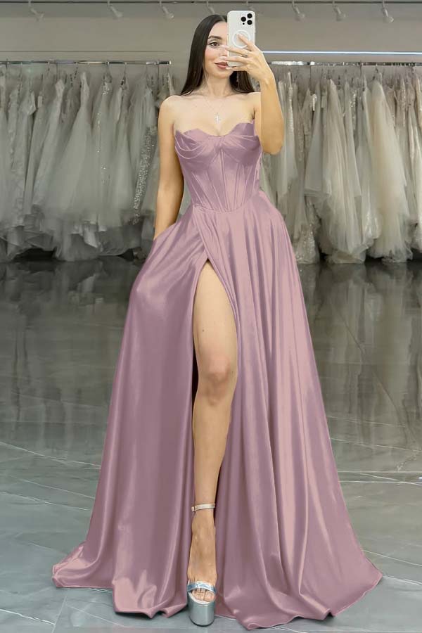 Strapless Sleeveless Long High Split Prom Dress With Pleated