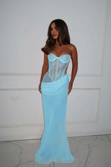 Strapless Sleeveless Long Mermaid Prom Dress With Lace Pleated