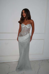 Strapless Sleeveless Long Mermaid Prom Dress With Lace Pleated