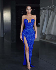 Strapless Sleeveless Long Mermaid Split Prom Dress With Sequins