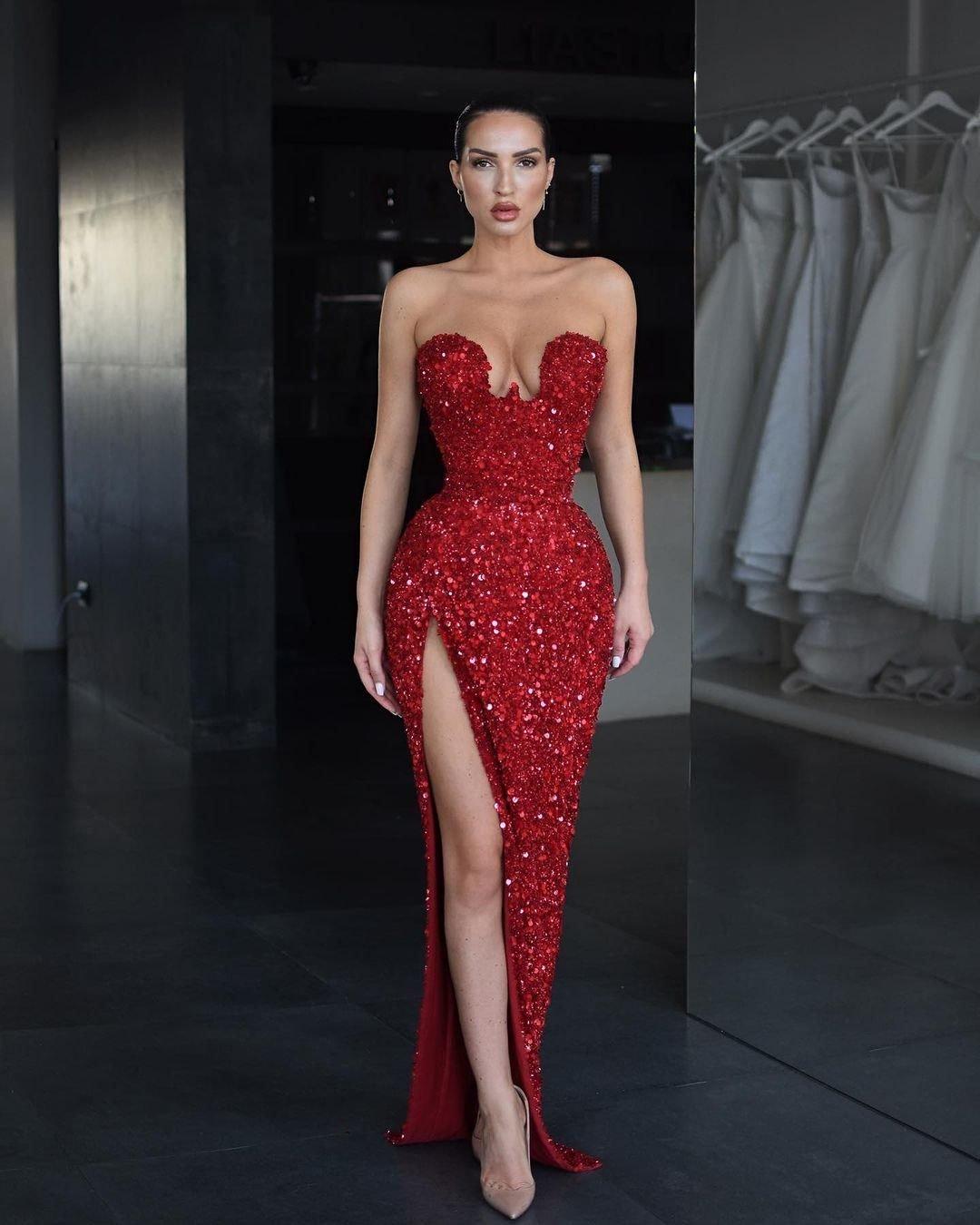Strapless Sleeveless Long Mermaid Split Prom Dress With Sequins