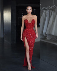Strapless Sleeveless Long Mermaid Split Prom Dress With Sequins