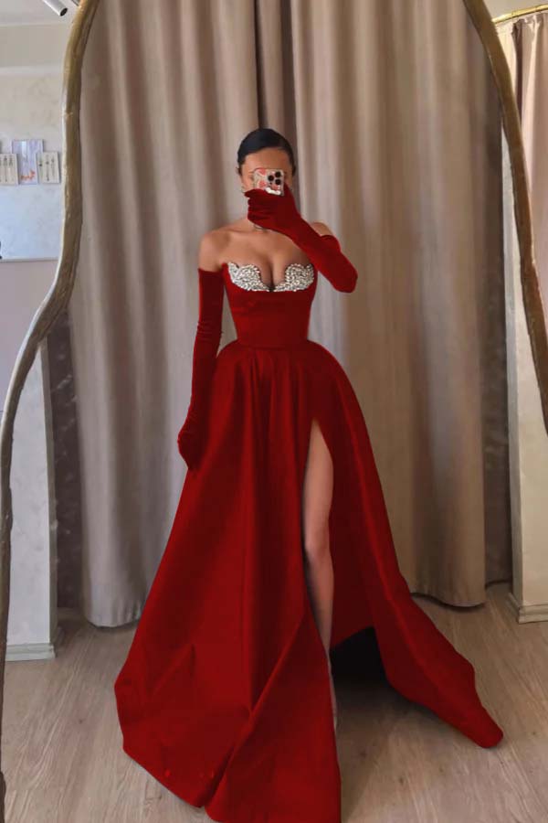 Strapless Sleeveless Long Split Prom Dress With Beading Long Gloves