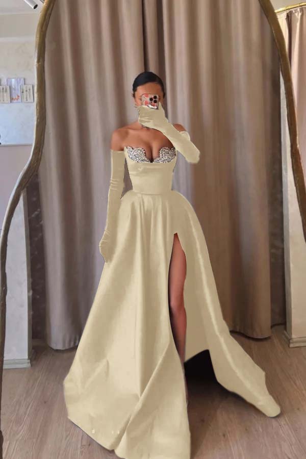 Strapless Sleeveless Long Split Prom Dress With Beading Long Gloves