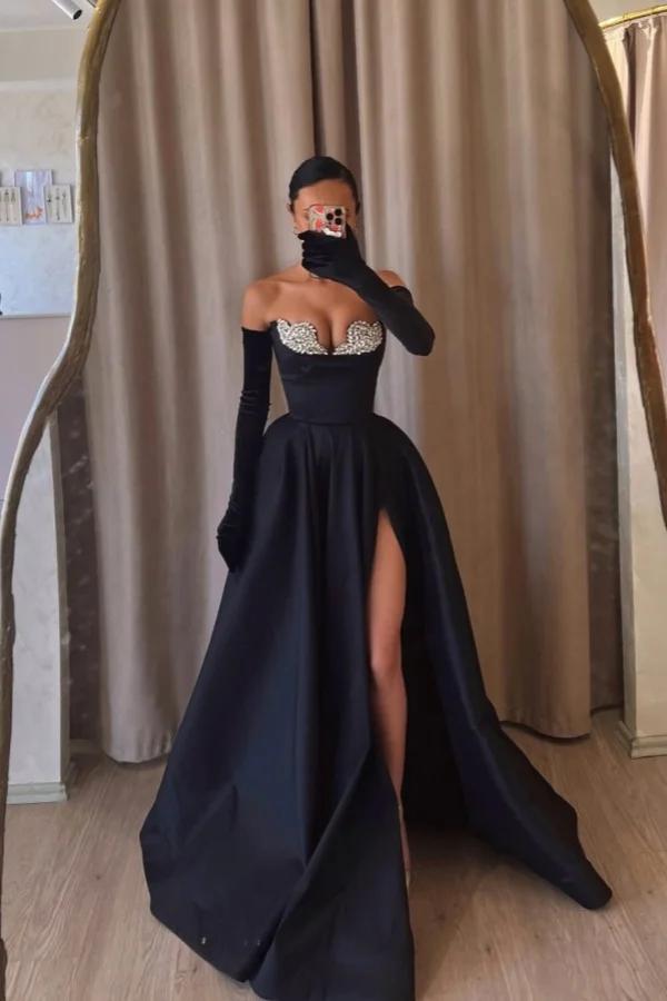 Strapless Sleeveless Long Split Prom Dress With Beading Long Gloves