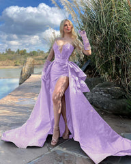 Strapless Sleeveless Long Split Prom Dress With Gloves Beading