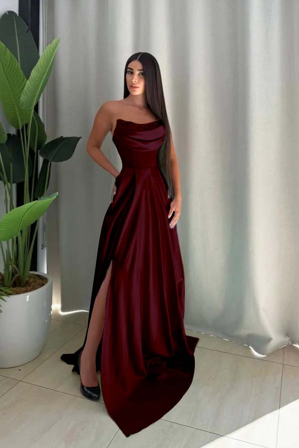 Strapless Sleeveless Long Split Prom Dress With Pleated Sequin