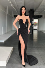 Strapless Sleeveless Mermaid Black Sweetheart Prom Dress With Split