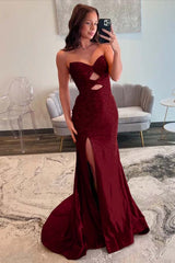 Strapless Sleeveless Mermaid Long Prom Dress With Split Sequins