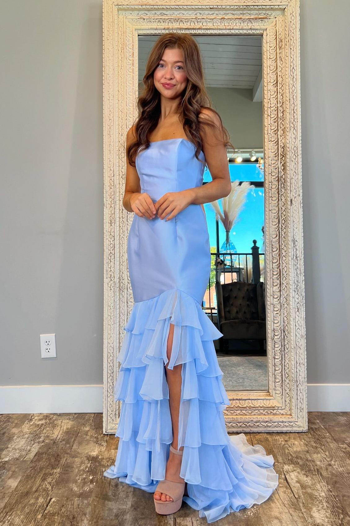 Strapless Sleeveless Mermaid Split Long Prom Dress With Ruffles