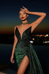 Strapless V Neck Sleeveless Split Long Prom Dress With Sequins