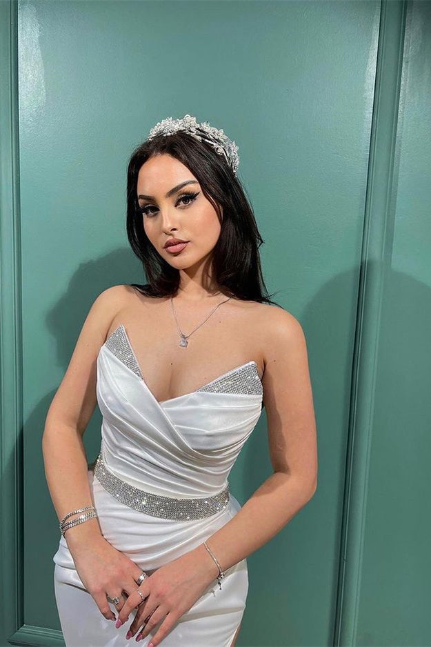 Strapless V Neck White Split Mermaid Prom Dress With Sequins