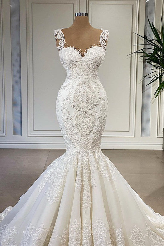 Straps Lace Wedding Dress Mermaid Sleeveless Online-27dress
