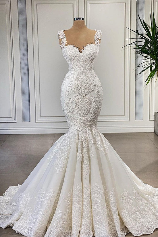 Straps Lace Wedding Dress Mermaid Sleeveless Online-27dress