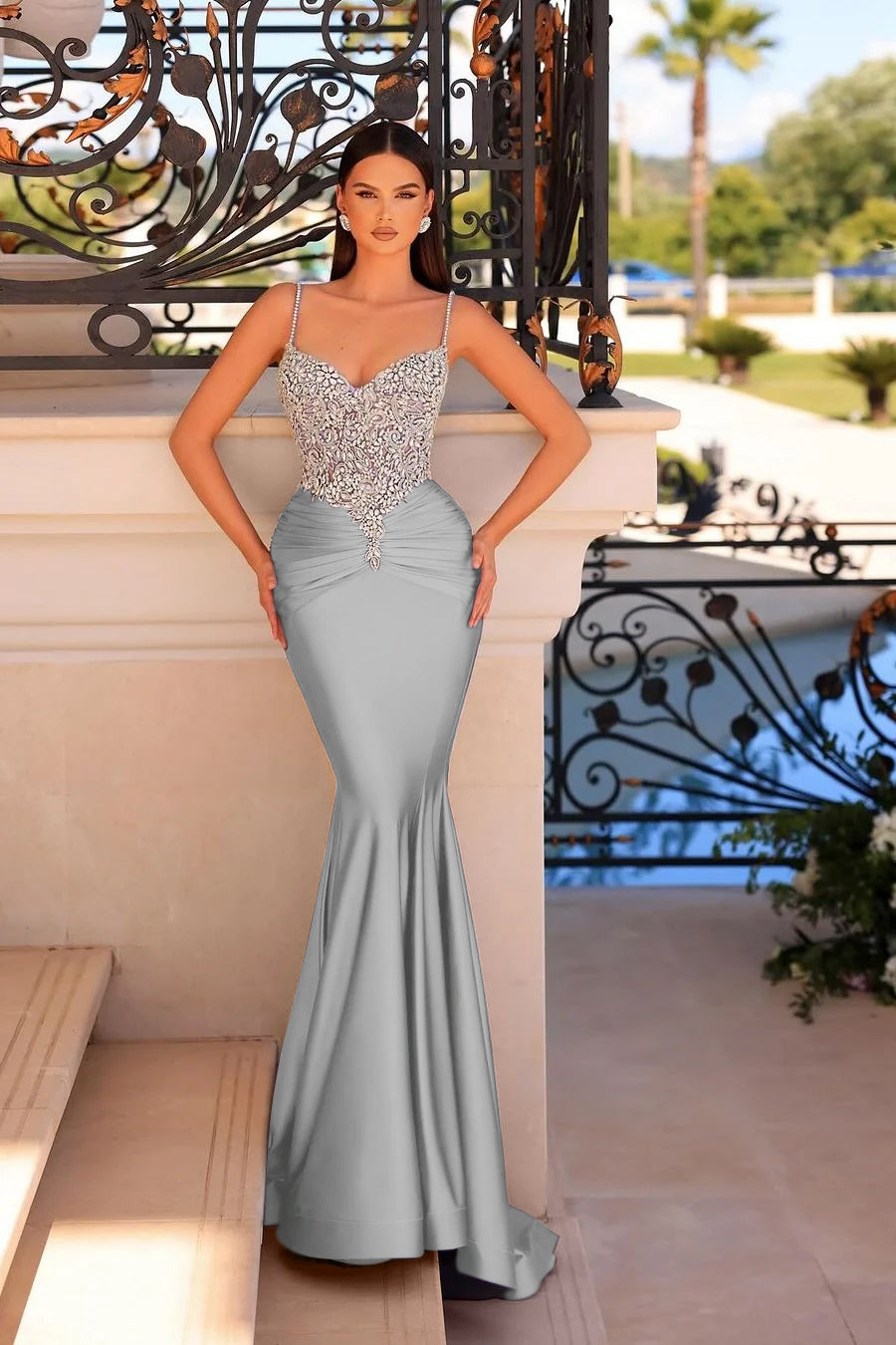 Straps Sleeveless Beading Mermaid Long Prom Dress With Pleated