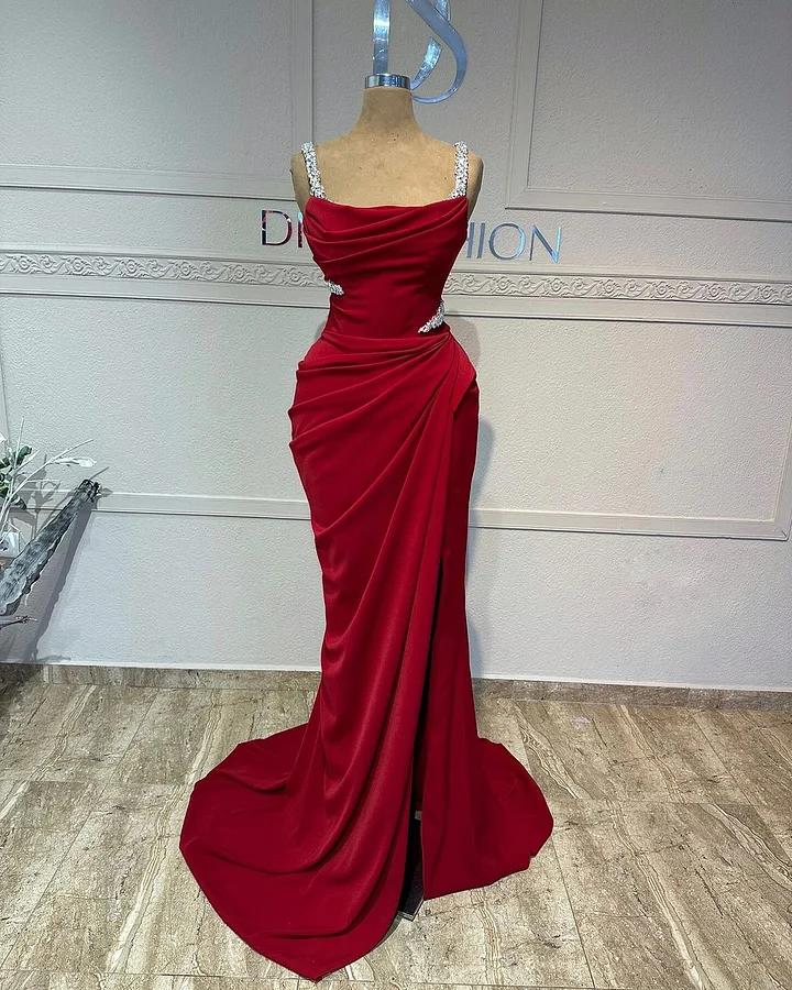 Straps Sleeveless Long Mermaid Prom Dress With Pleated Sequins