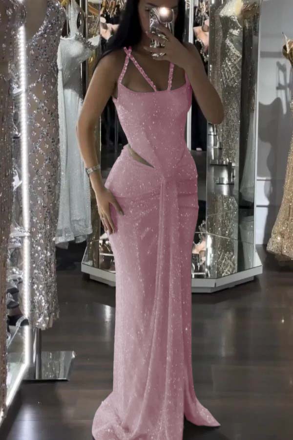 Straps Sleeveless Long Mermaid Prom Dress With Sequins Pleated