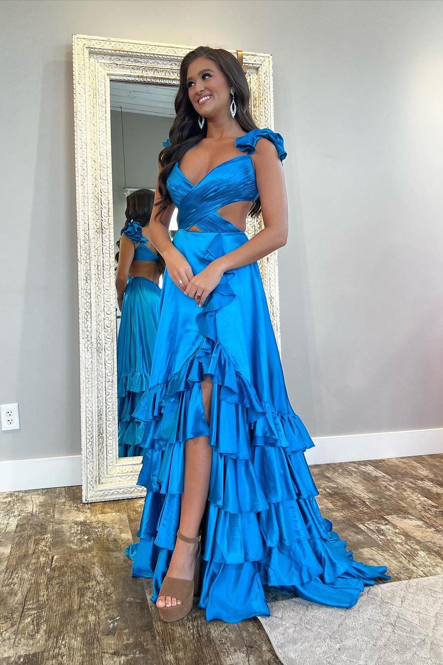Straps Sleeveless Open Back Long Ruffles Prom Dress With Split