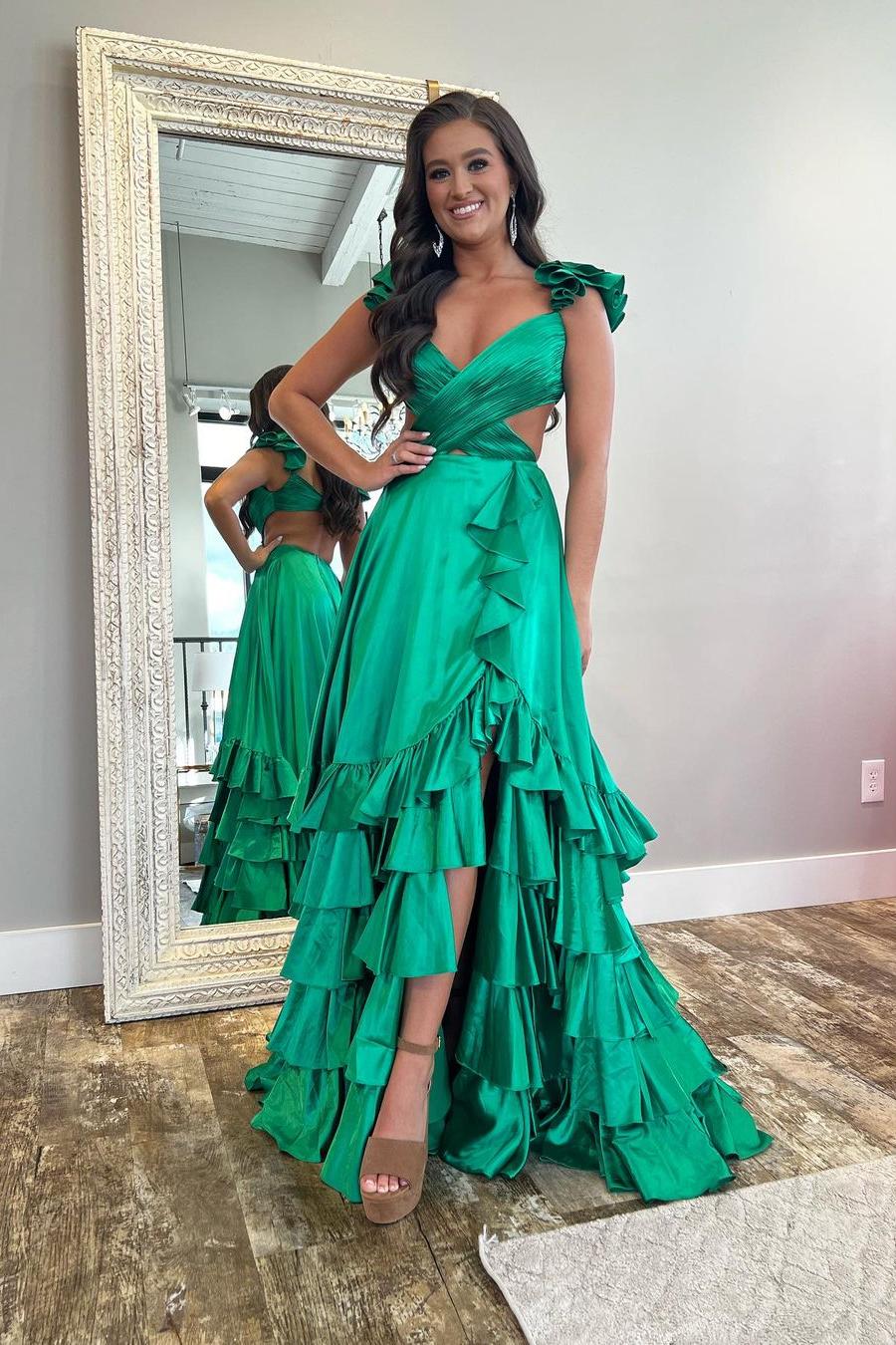 Straps Sleeveless Open Back Long Ruffles Prom Dress With Split