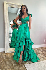 Straps Sleeveless Open Back Long Ruffles Prom Dress With Split