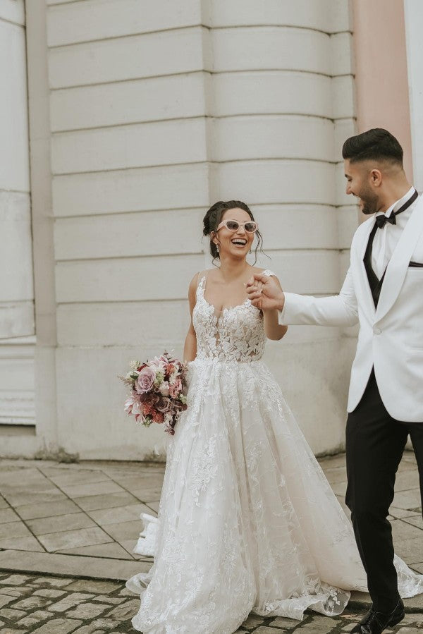 Straps Sleeveless Wedding Dress Appliques Long-27dress