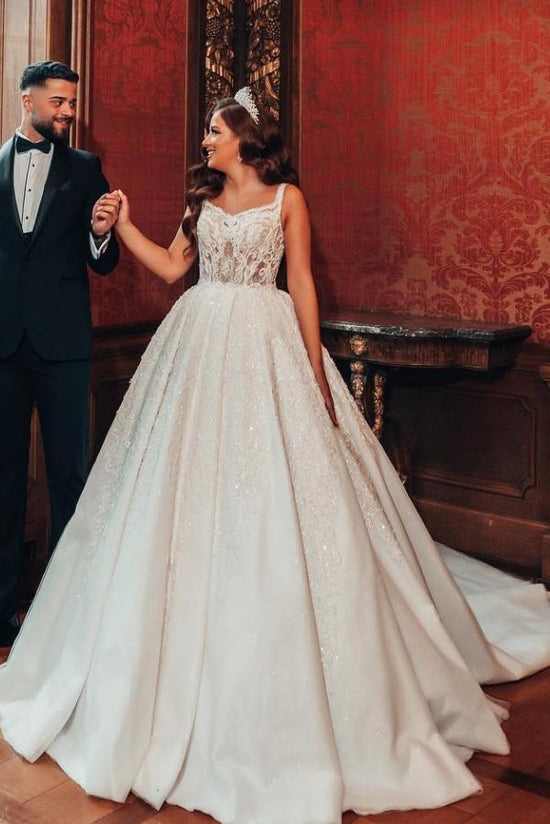 Straps Square Ball Gown Wedding Dress Sleeveless Long-27dress
