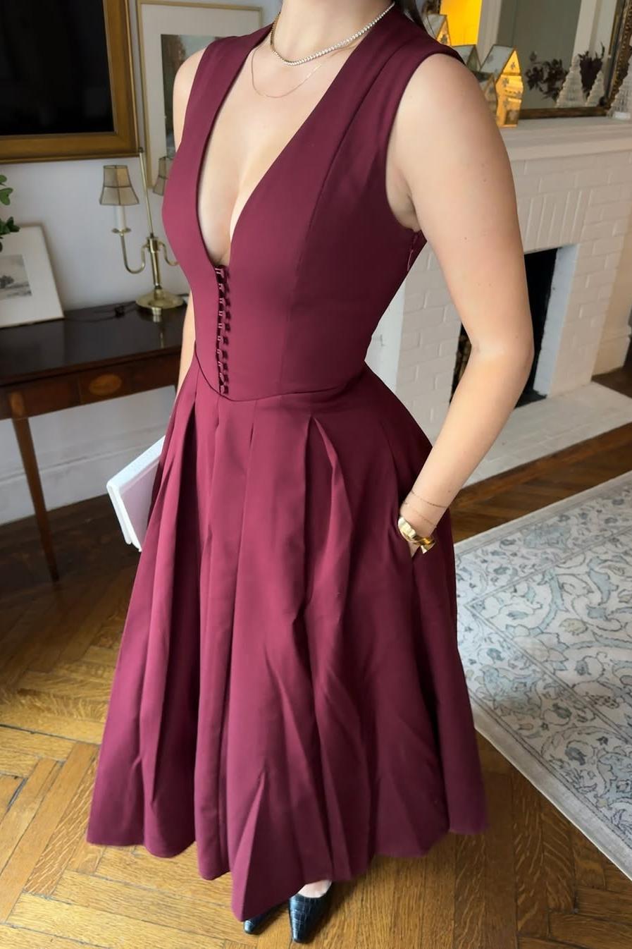 Straps V Neck Sleeveless Tea Length A Line Prom Dress With Pockets