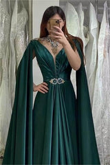 Stunning Dark Green A Line V Neck Long Beadings Prom Dress With Ruffles