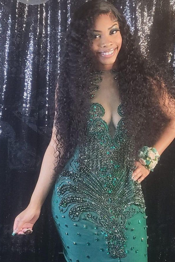 Stunning Dark Green Strapless Sleeveless Mermaid Beaded Prom Dress with Appliques