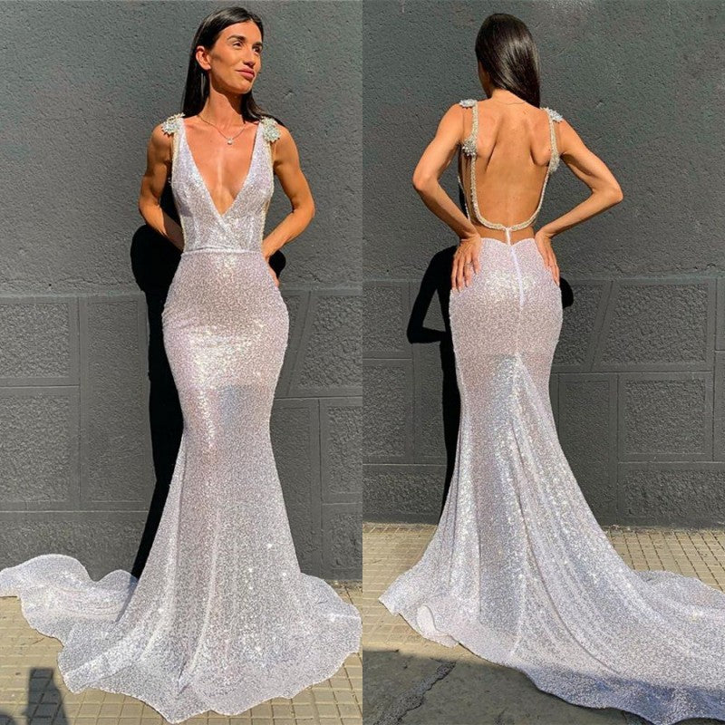 Stunning Deep V Neck High Waist Mermaid Long Prom Dress Open Back Sequins