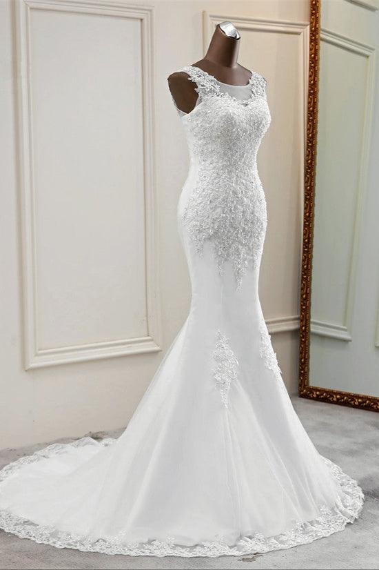 Stunning Jewel Sleeveless White Wedding Dresses White Mermaid Beadings Bridal Gowns-27dress
