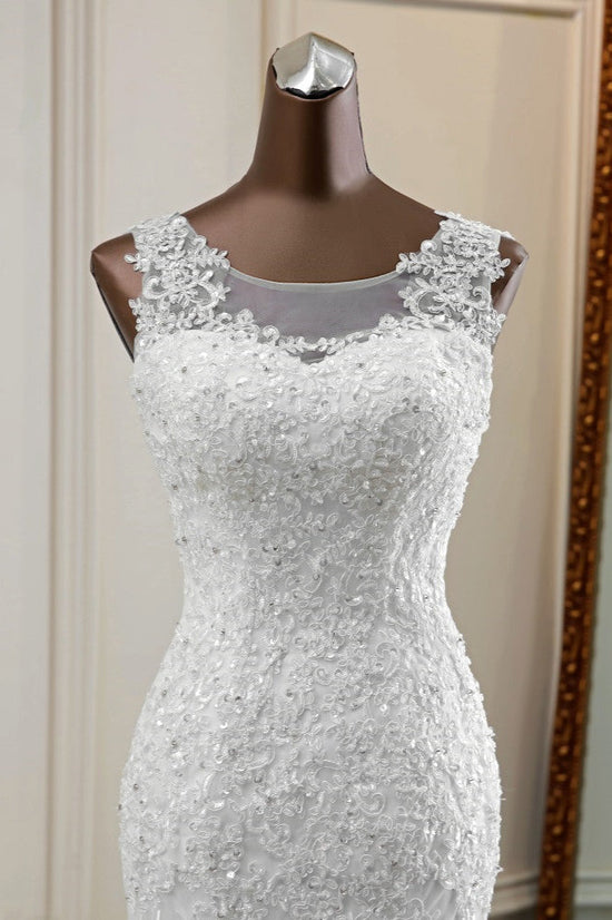 Stunning Jewel Sleeveless White Wedding Dresses White Mermaid Beadings Bridal Gowns-27dress