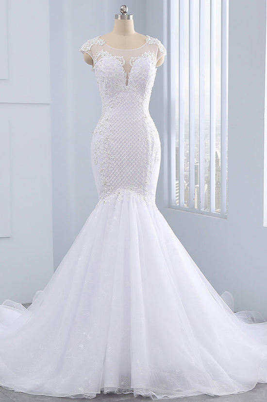 Stunning Jewel Tulle Lace Mermaid Wedding Dress Sleeveless Appliques Bridal Gowns On Sale-27dress
