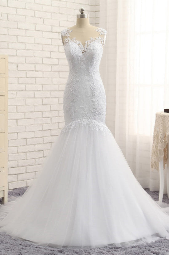 Stunning Jewel White Tulle Lace Wedding Dress Appliques Sleeveless Bridal Gowns On Sale-27dress