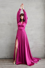Stunning Long Sleeves Deep V Neck A Line Long Prom Dress With Front Split