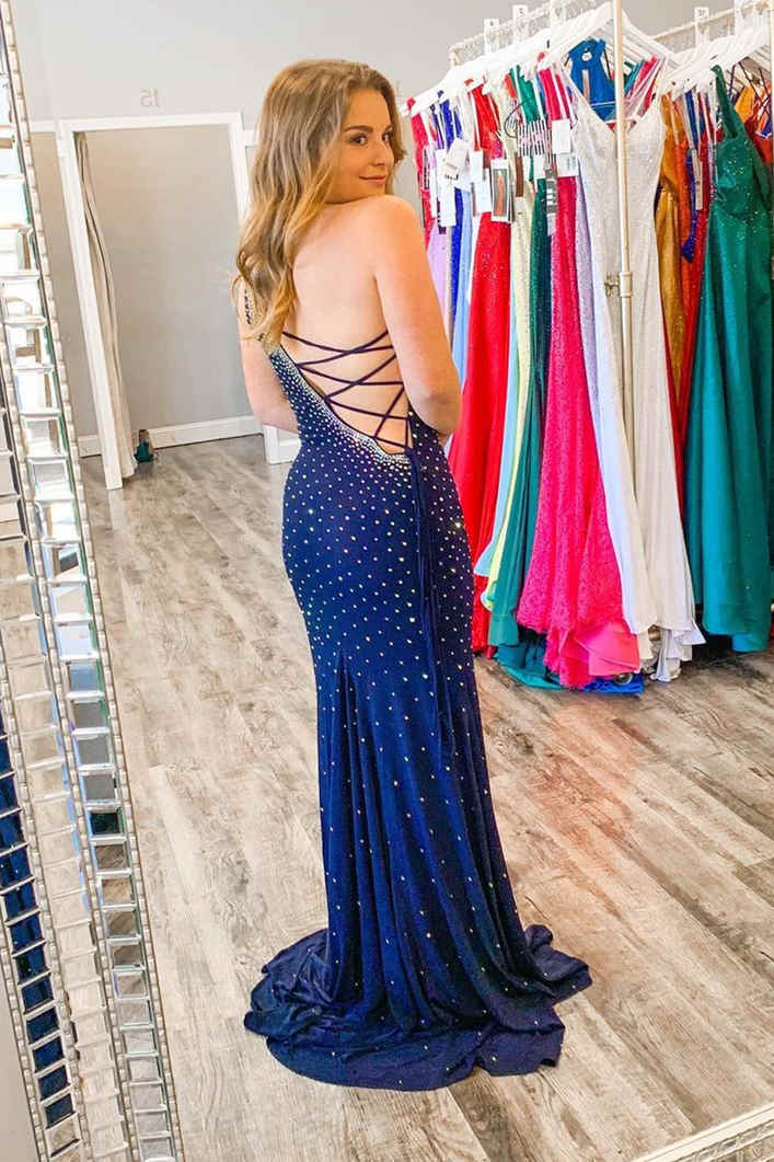 blue dress with rhinestones Navy Blue Long Prom Dress with Rhinestones