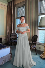 Stunning Off the Shoulder Sleeveless Long Prom Dress With Pleated