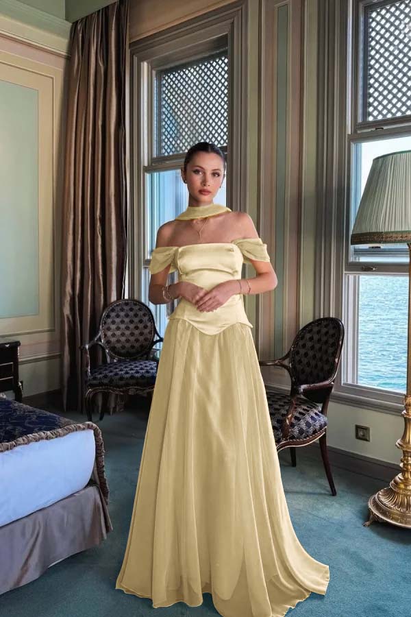 Stunning Off the Shoulder Sleeveless Long Prom Dress With Pleated