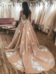 Stunning Off-the-shoulder Tulle Wedding Gown With Appliques Lace and Sweep Train