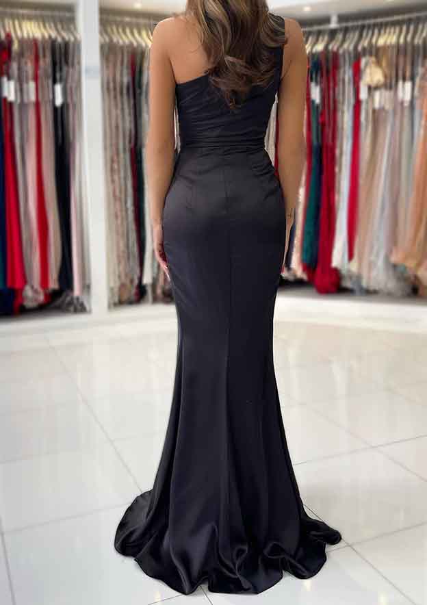 Stunning One-Shoulder Long Prom Dress with Split Pleated Sheath/Column Silky Satin Skirt-27dress